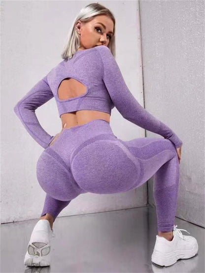 2pcs Sports Suits Long Sleeve Hollow Design Tops And Butt Lifting High Waist Seamless Fitness Leggings Sports Gym Sportswear Outfits Clothing - myetyn