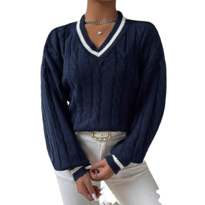 Autumn And Winter Elegant Contrast Color Twisted Loose V-neck Fashion All-matching Women's Sweater