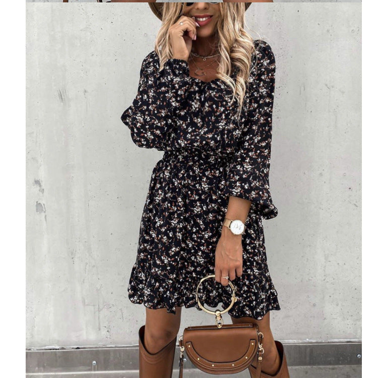 Long Sleeve Elastic Waist Ruffle Print Dress