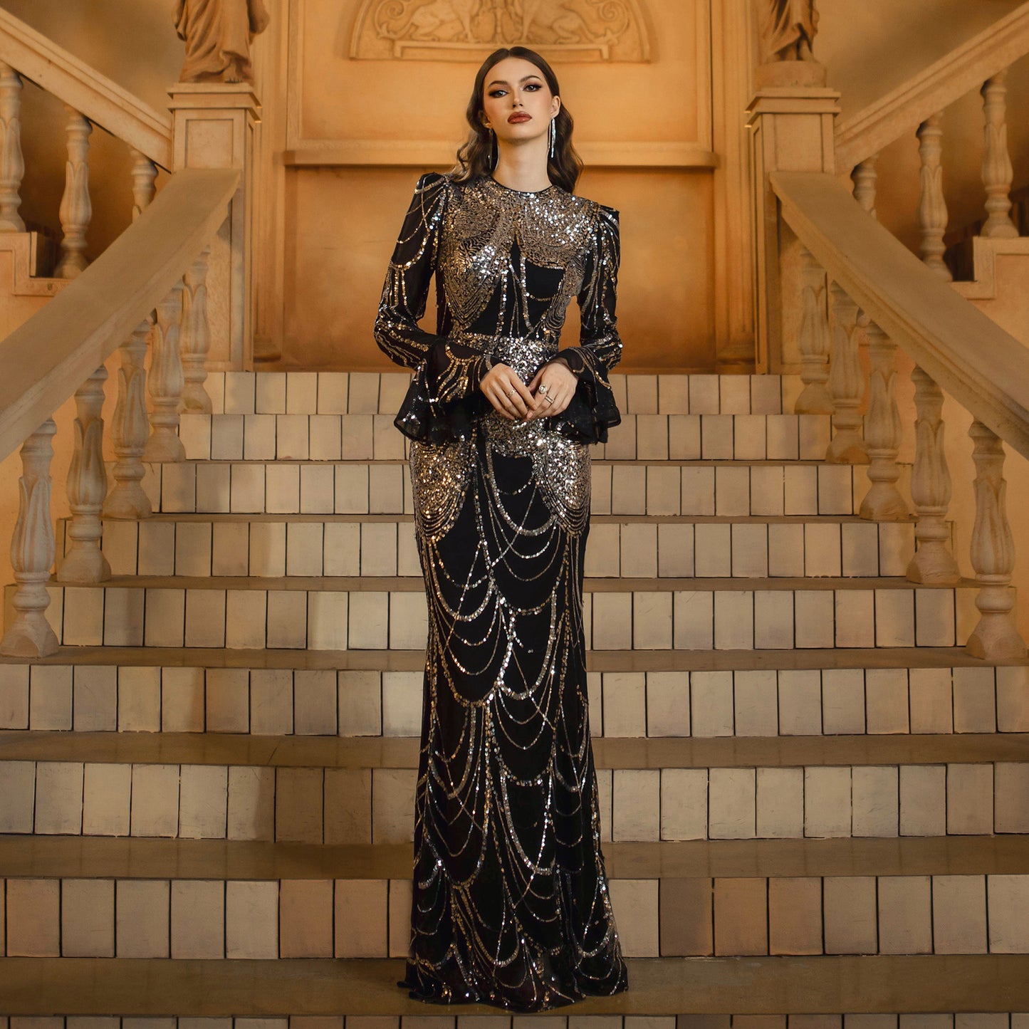 Long Sleeve Round Neck Slim-Fit Sequined Fishtail Evening Dress – Black Silver Gown