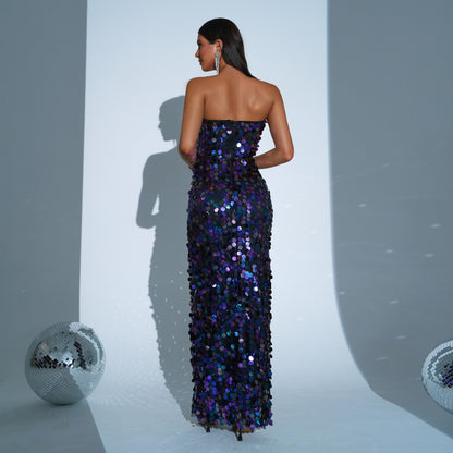 Sapphire Blue Sequin Wrapped Sheath Evening Dress