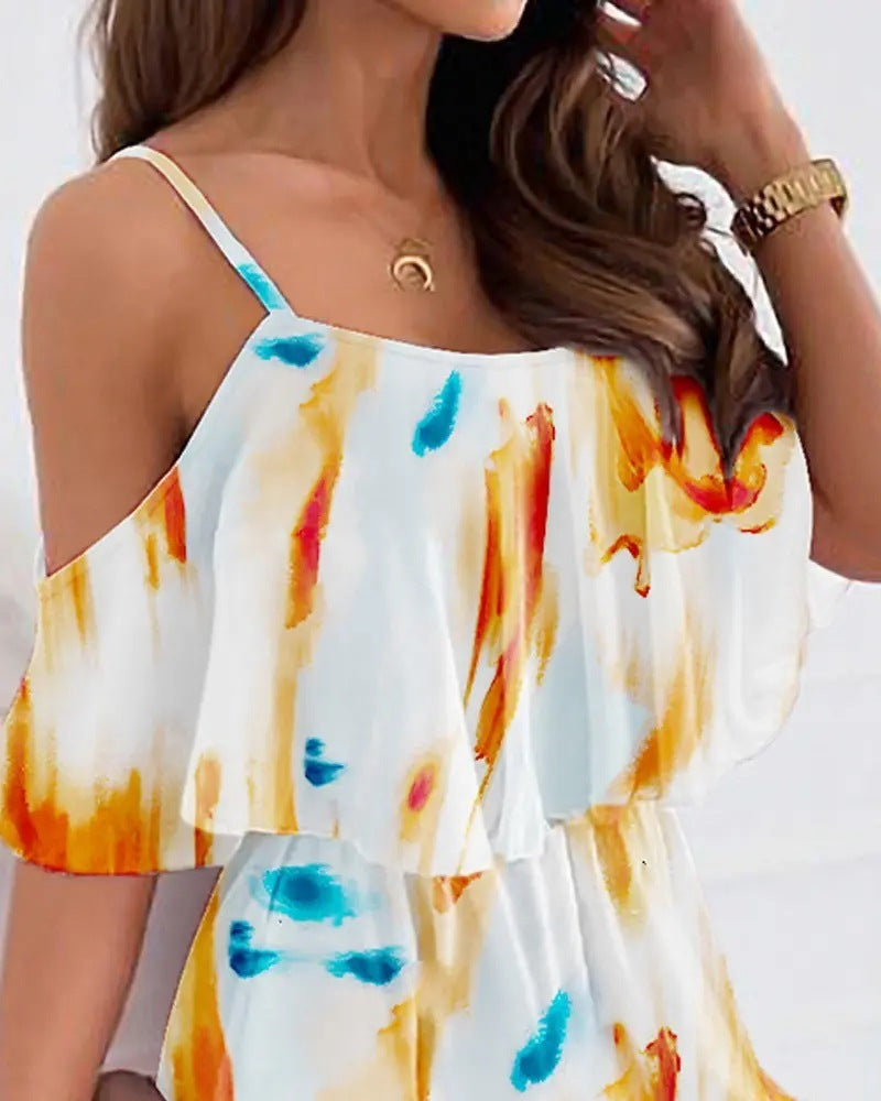 Chiffon Printing Off-the-shoulder Strap Dress