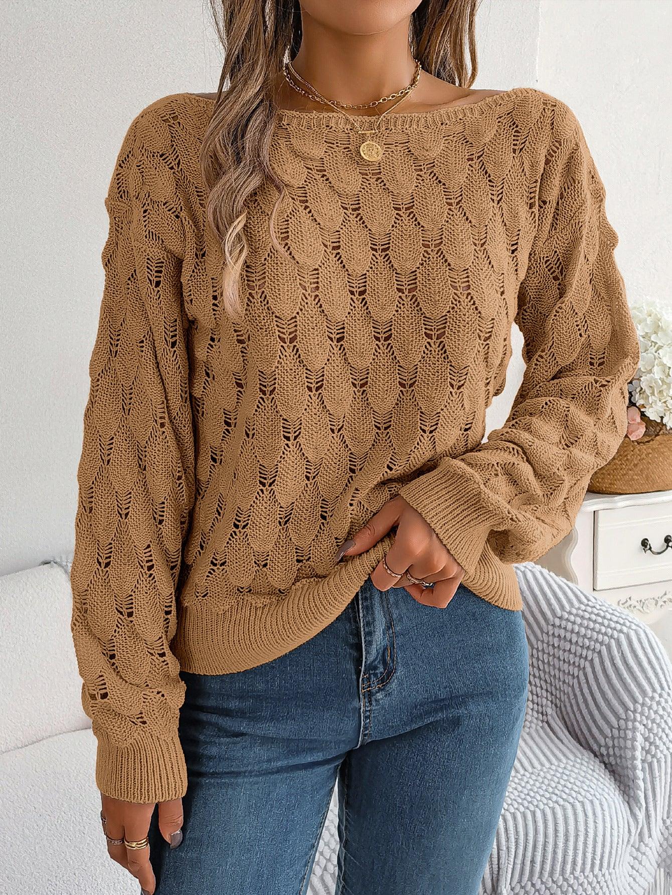 Hollow-out Off-neck Off-the-shoulder Lantern Sleeve Sweater