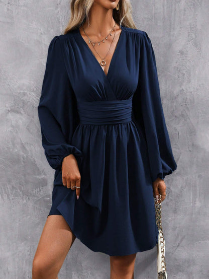 Diagonal Collar Lantern Sleeve Pleated Waist Dress