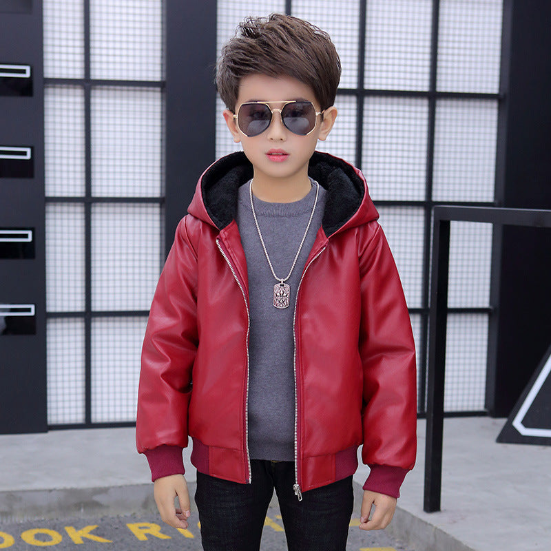 PU Leather Jacket Children's Wear Hooded Padded Coat