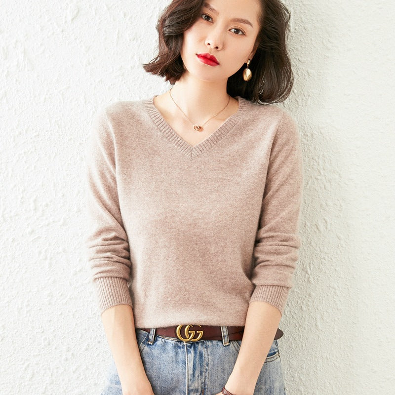 Women’s V-Neck Cashmere Sweater – Solid Color, All-Match Style
