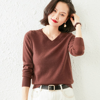 Women’s V-Neck Cashmere Sweater – Solid Color, All-Match Style