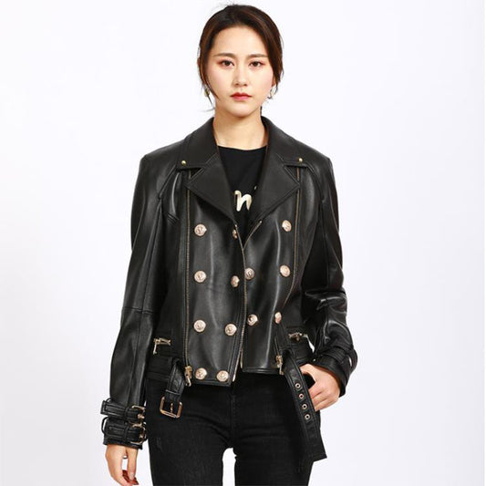Women's Sheepskin Motorcycle Windbreaker Jacket – Street Style Leather Outerwear