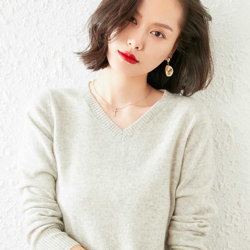 Women’s V-Neck Cashmere Sweater – Solid Color, All-Match Style