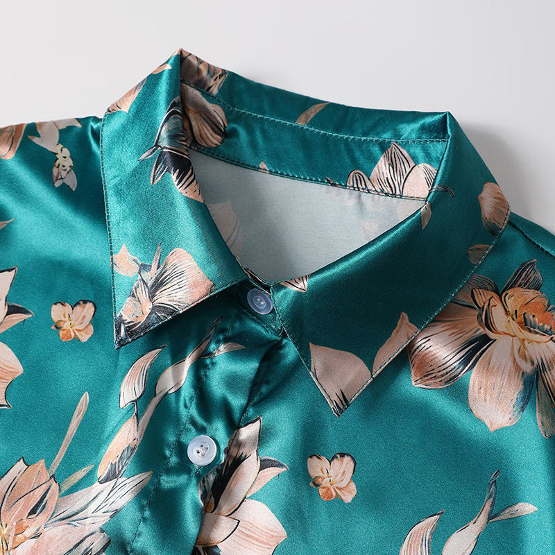 Women’s Elegant Satin Lapel Long Sleeve Shirt – Tapered Waist Design with Luxurious Sheen