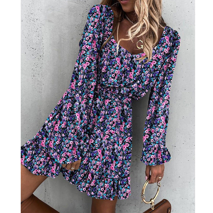 Long Sleeve Elastic Waist Ruffle Print Dress