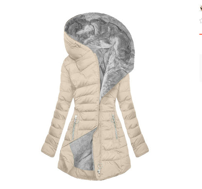 Women's Plush Hooded Mid-length Oblique Zipper Cotton-padded Coat
