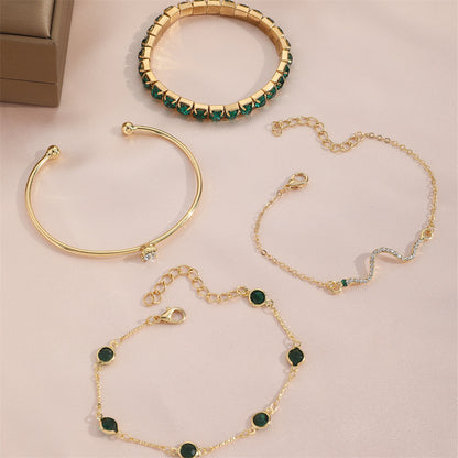 4pcs Bracelet Suit Fashion Green Grandmother Diamond Stretch Bracelet Women's Set