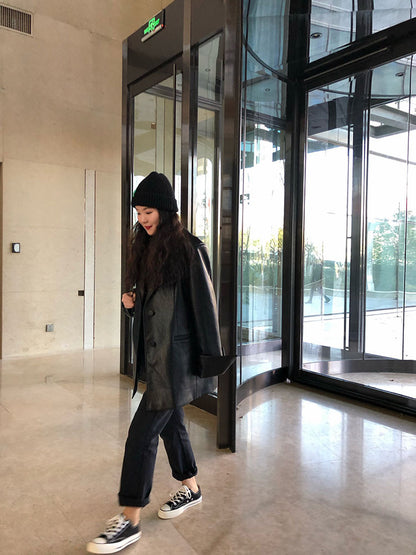 Web Celebrity Autumn Winter Women’s PU Leather Coat