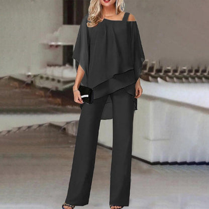 Solid Loose Irregular Suits Batwing Sleeve Top And Straight Trousers Outfits Womens Clothing