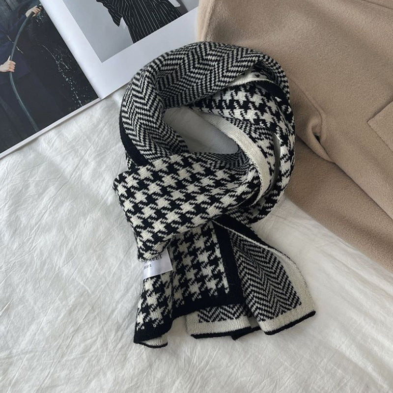 Houndstooth And Wave Pattern Print Scarf Women's Winter Korean Style Fashion Versatile Knitted Double-sided Warm Woolen Scarf - myETYN