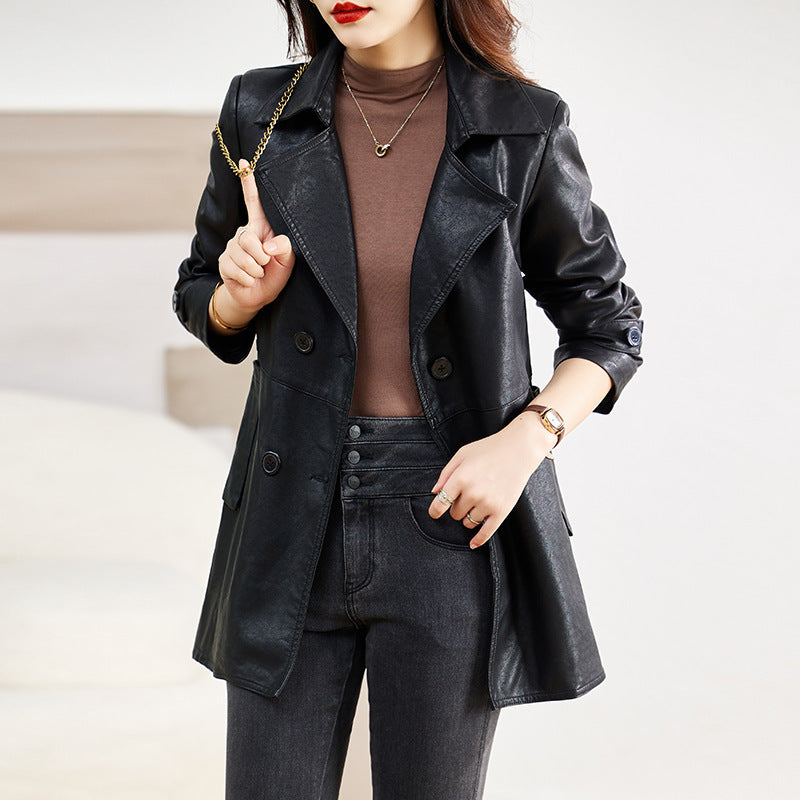 Women’s Mid-Length Sheepskin Leather Coat – Elegant Spring & Autumn Outerwear