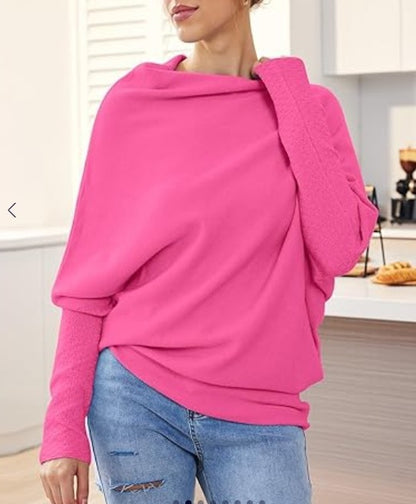 Solid Off-shoulder Batwing Sleeve Sweater Fashion Round Neck Temperament Pullover Top Womens Clothing