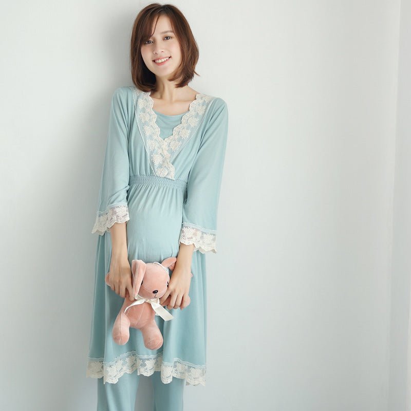 2021 spring and autumn new Japanese maternity dress pregnant women breastfeeding clothes month clothes postpartum home service lace pajamas set - myetyn