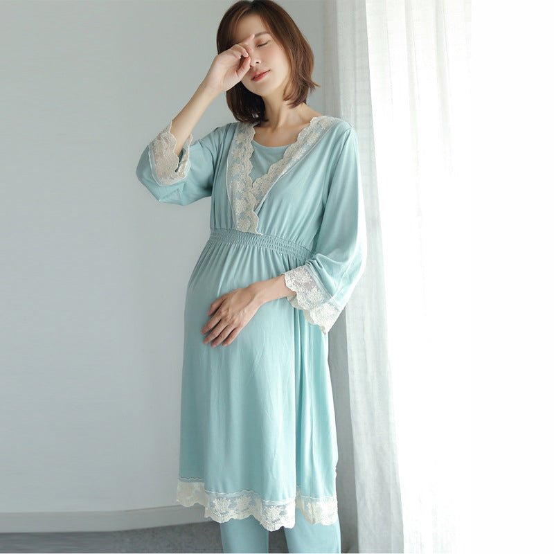 2021 spring and autumn new Japanese maternity dress pregnant women breastfeeding clothes month clothes postpartum home service lace pajamas set - myetyn