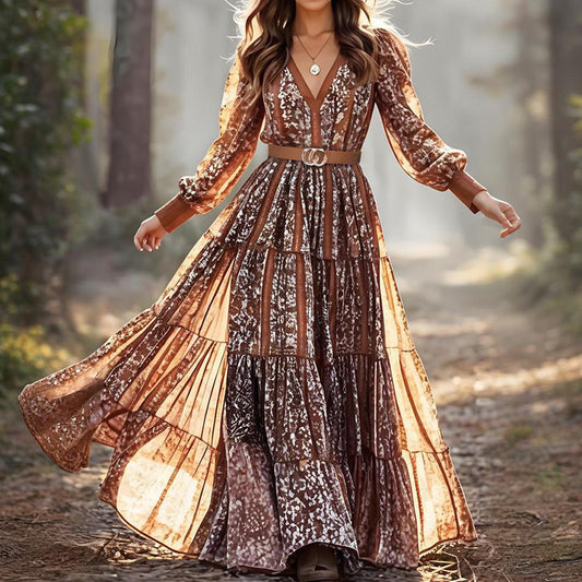 Women's Printed Fashionable V-neck Bohemian Long Dress