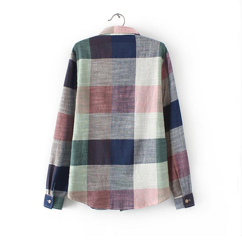 Casual Plaid Women Blouses Kimono Vintage Linen Cotton Long Sleeve Blouse Female Shirts Tops