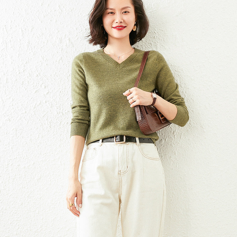 Women’s V-Neck Cashmere Sweater – Solid Color, All-Match Style
