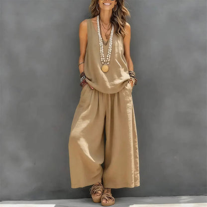 Women’s Cotton Linen Summer Co-Ord Set – Sleeveless Tank & Wide-Leg Pants (Breathable Casual Outfit)