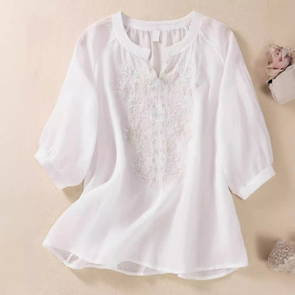 Women’s Cotton and Linen Embroidered Top | Three-Quarter Sleeve Floral Pullover Blouse – M to 4XL