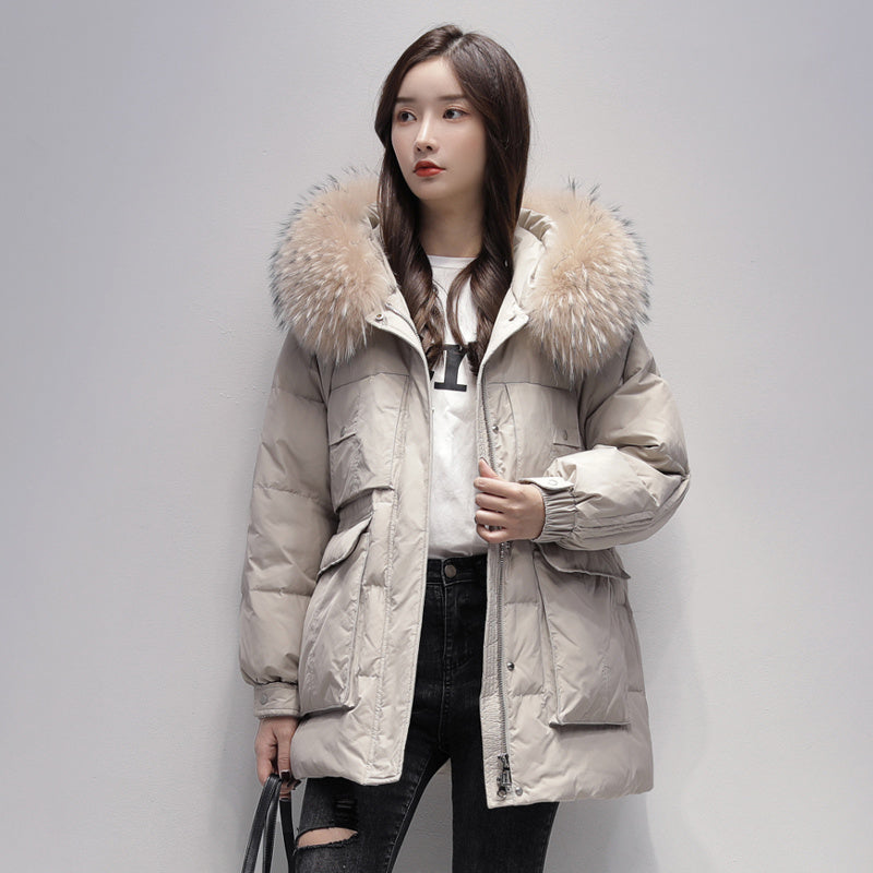 Down Jacket Women's Mid-length Raccoon Fur Collar Pie Overcomes White Duck Down