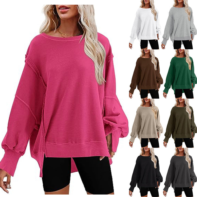 Pullover Sweatshirt Loose Round Neck Side Slit Long Sleeve Sports Sweatshirt For Women Tops - myETYN