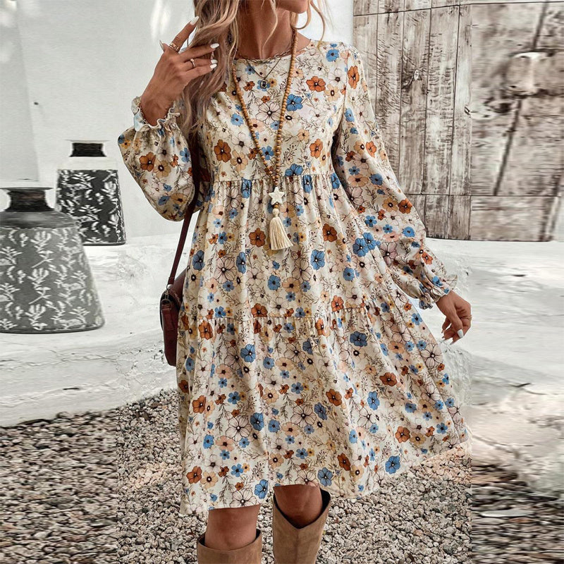Women's Floral Print Boho Dress – Round Neck, Smocked Cuff, Midi Length
