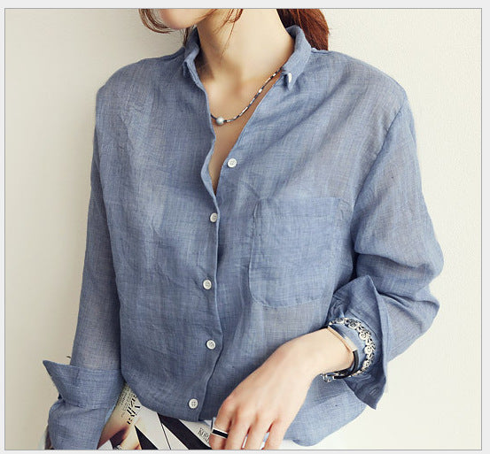 Long-sleeved cotton and linen shirt Slim linen literary loose thin shirt