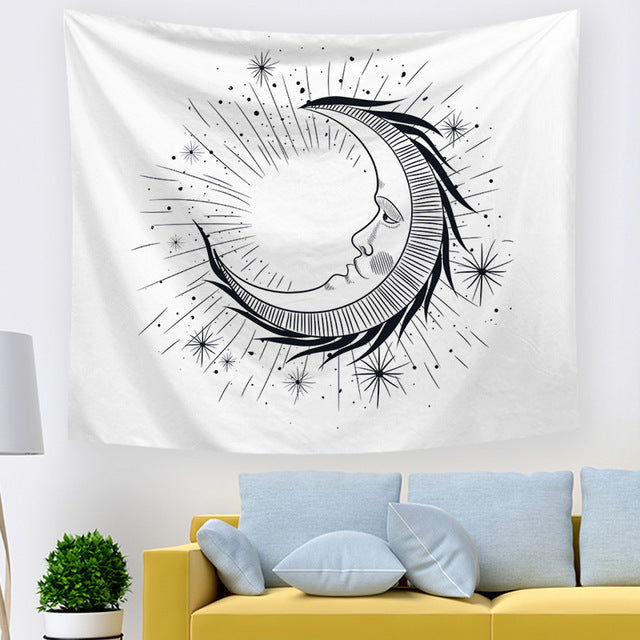 Sun And Moon Tapestry Black And White Burning Sun With Stars Tapestry Psychedelic Wall Tapestry Indian Tapestry For Room decor