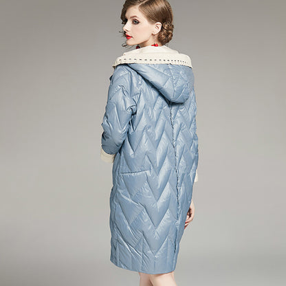 Women’s Patchwork Straight Down Jacket – Hooded Long Winter Coat
