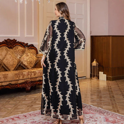 Women’s Heavy-Duty Mesh Embroidered Long Dress – Floor-Length Long Sleeve Elegant Dress