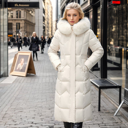 Women’s Winter Long Coat with Thickened Fur Collar – Slim Cotton-Padded Jacket