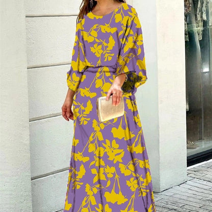 2pcs Women's Dress Suits Fashion Loose Printed Long Sleeve Top And High Waist Long Skirt - myetyn