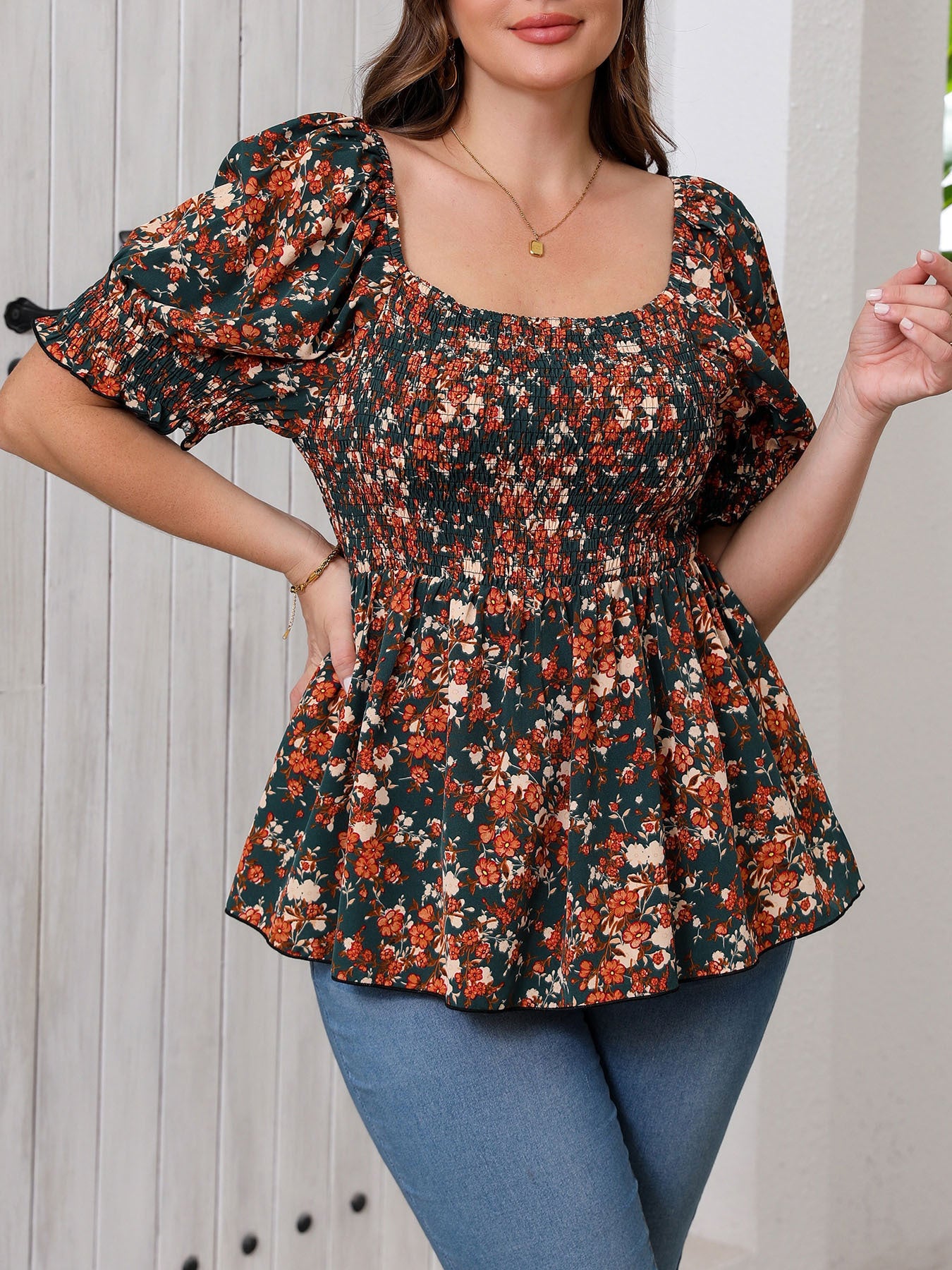 Women's Plus Size Elegant Shirred Floral Blouse - Summer Short-Sleeve Square-Neck Work Vacation Top