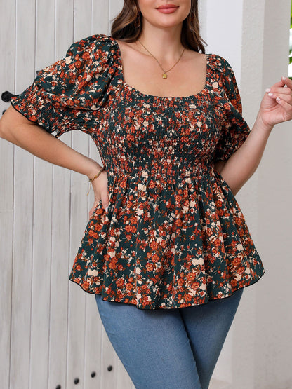 Women's Plus Size Elegant Shirred Floral Blouse - Summer Short-Sleeve Square-Neck Work Vacation Top
