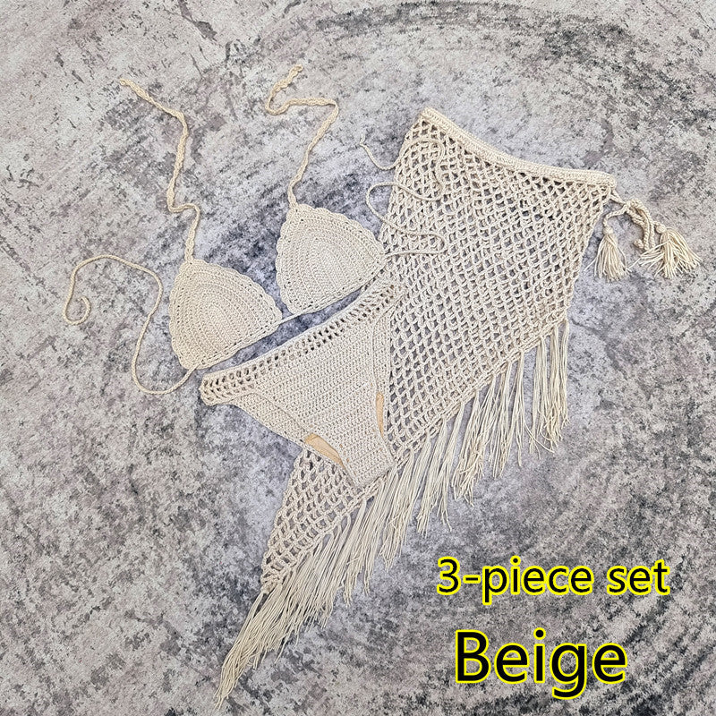 3-piece European And American Handmade Crochet Bikini Beach Skirt Swimsuit Suit