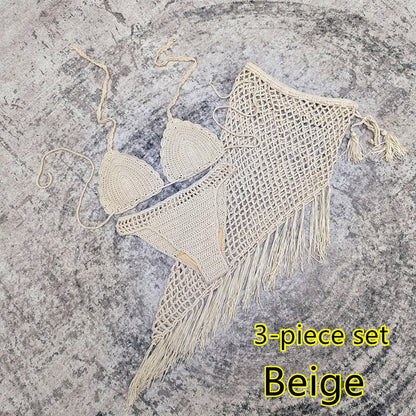 3-piece European And American Handmade Crochet Bikini Beach Skirt Swimsuit Suit