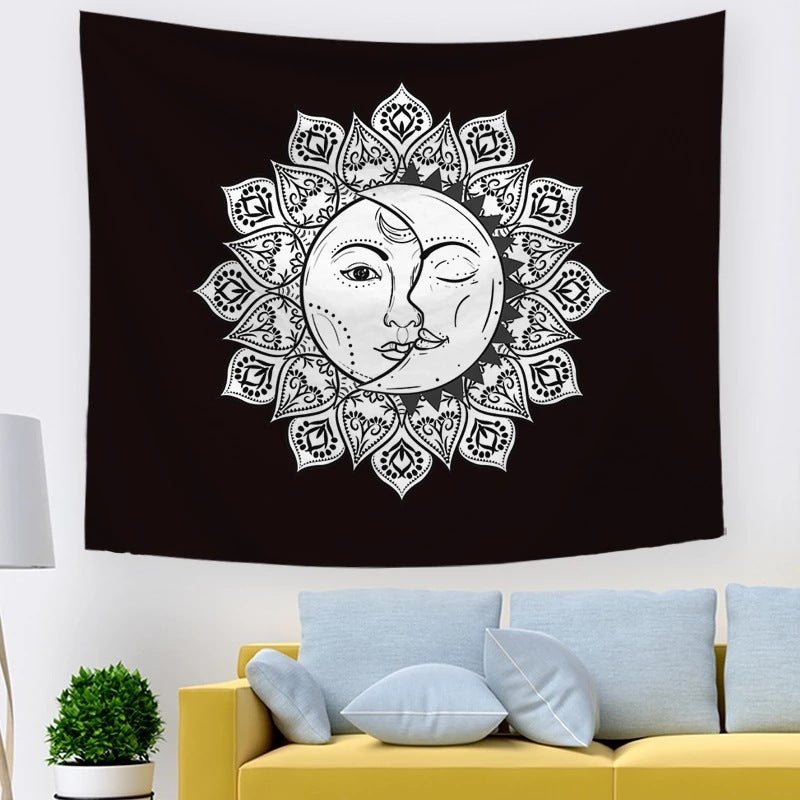 Sun And Moon Tapestry Black And White Burning Sun With Stars Tapestry Psychedelic Wall Tapestry Indian Tapestry For Room decor