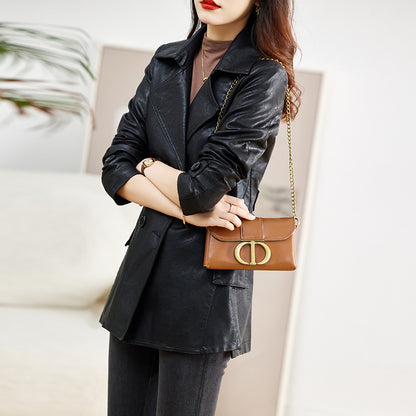 Women’s Mid-Length Sheepskin Leather Coat – Elegant Spring & Autumn Outerwear