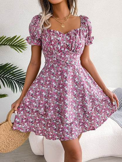 Elegant Floral Lace-up Waist-controlled Large Hem Dress