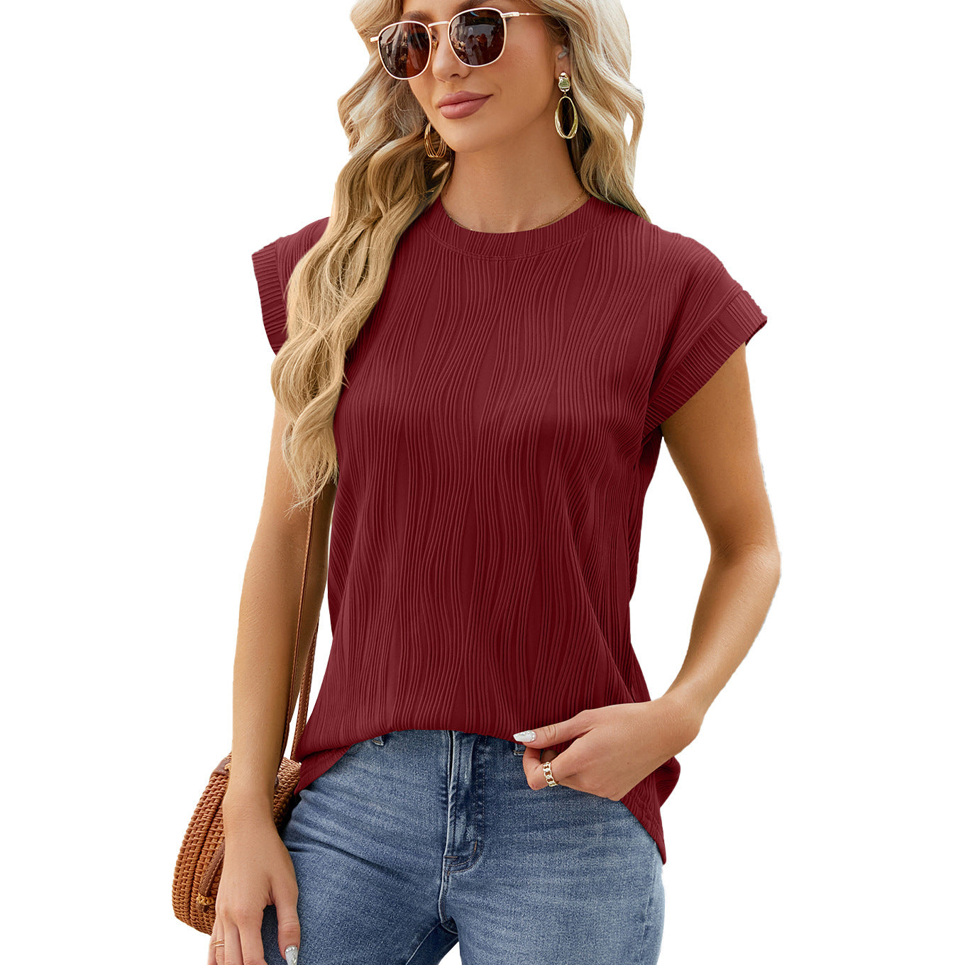 Solid Color Stripe Bat-Sleeve T-Shirt - Women's Summer Casual Loose Vest Tank