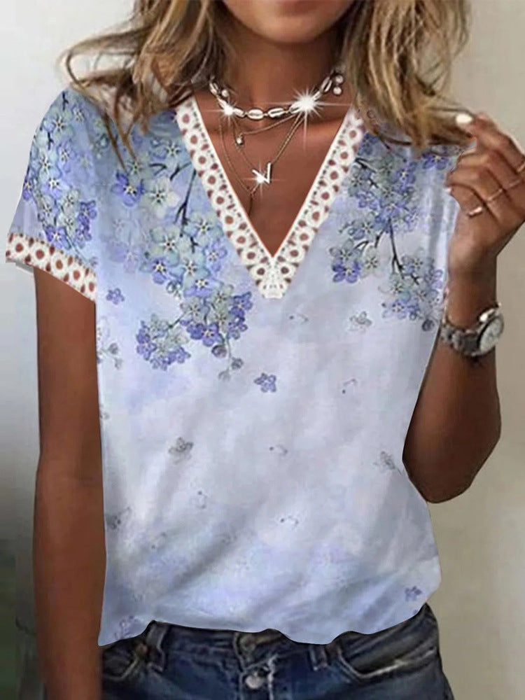 Women's V-neck Lace Casual Top Short Sleeve Printed Stitching T-shirt