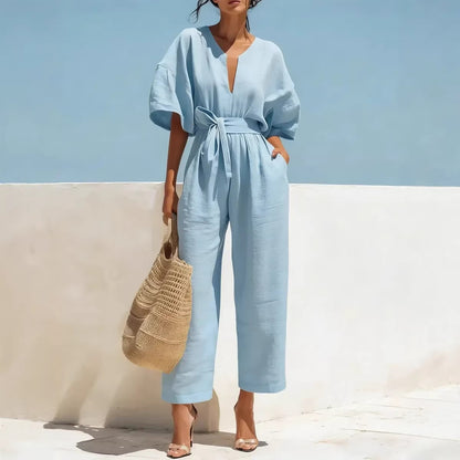 Fashionable V-Neck Cotton-Linen Jumpsuit for Women