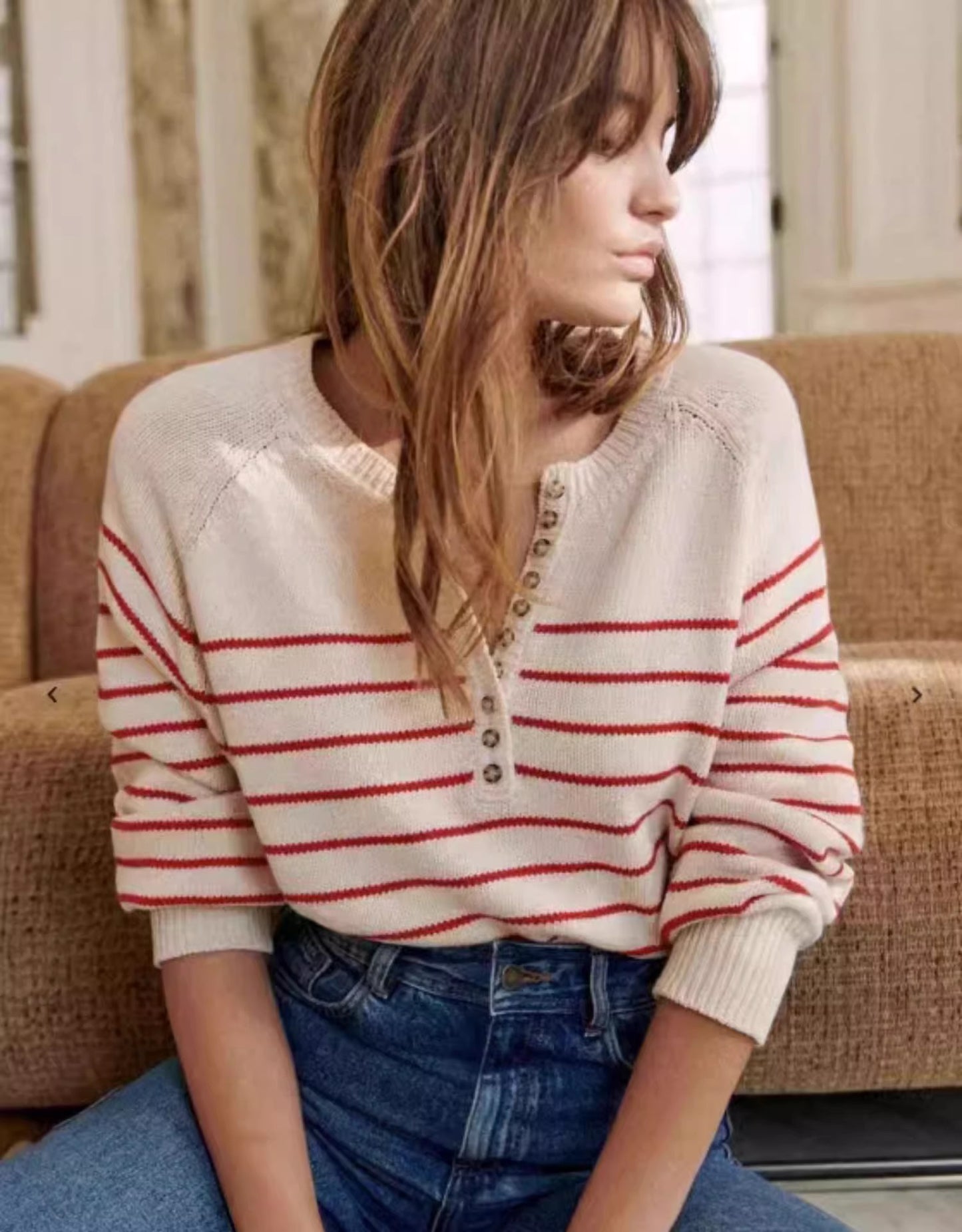 Women’s Vintage Striped Button-Up Sweater – Long Sleeve Round Neck Puff Sleeve
