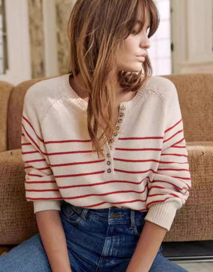 Women’s Vintage Striped Button-Up Sweater – Long Sleeve Round Neck Puff Sleeve